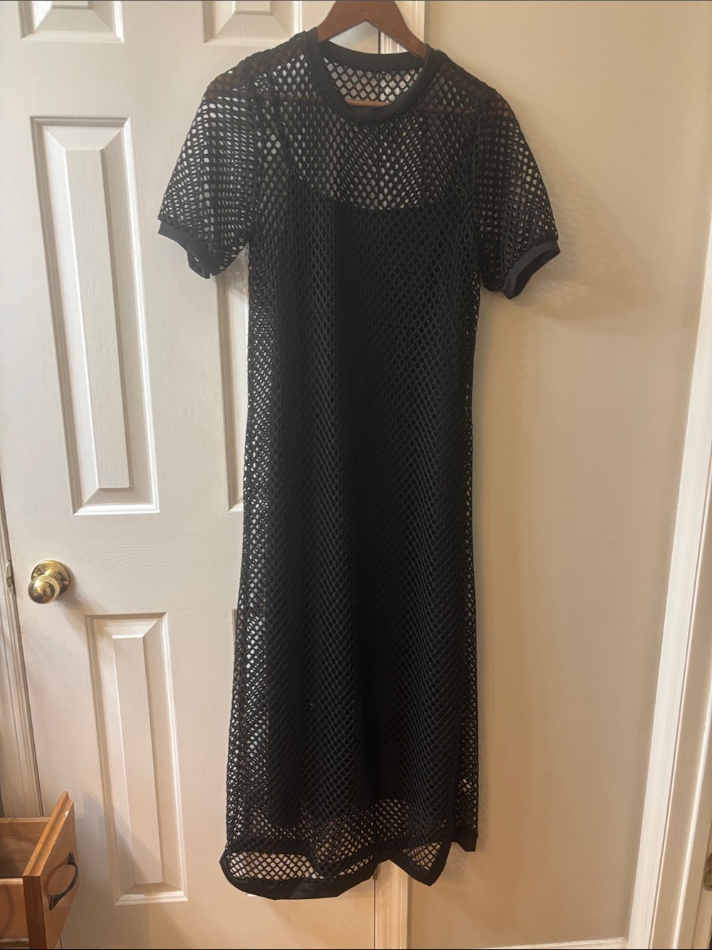 Black Mesh Short-Sleeve Midi Dress